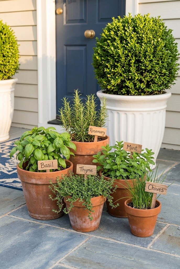 small decorative pumpkins and gourds arranged on small front porch steps for fall
