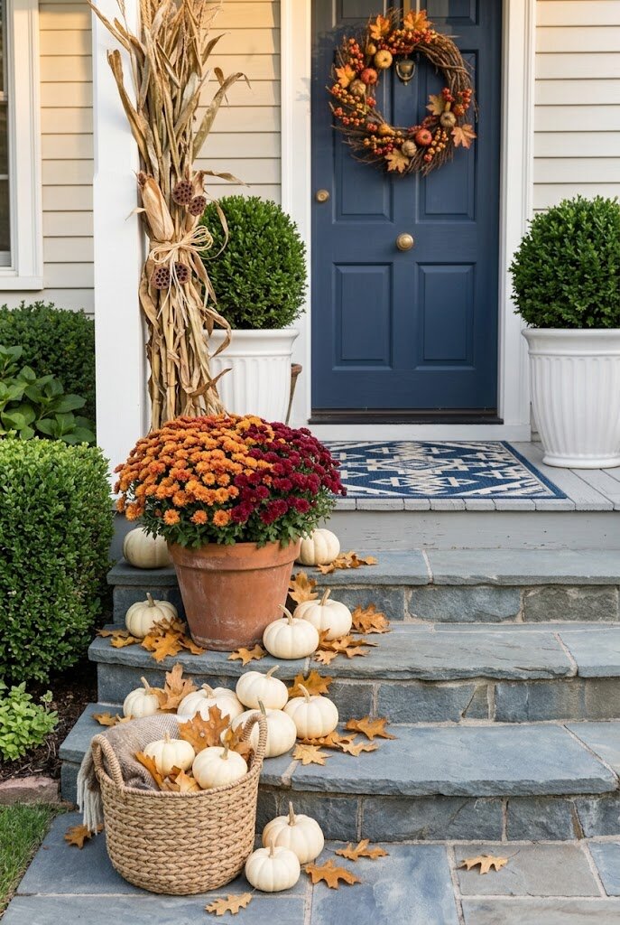 orange and burgundy chrysanthemums in pot on fall front porch