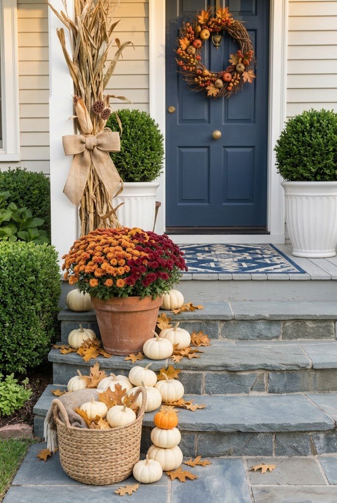 fall front porch with corn stalks and autumn leaves wreath on door