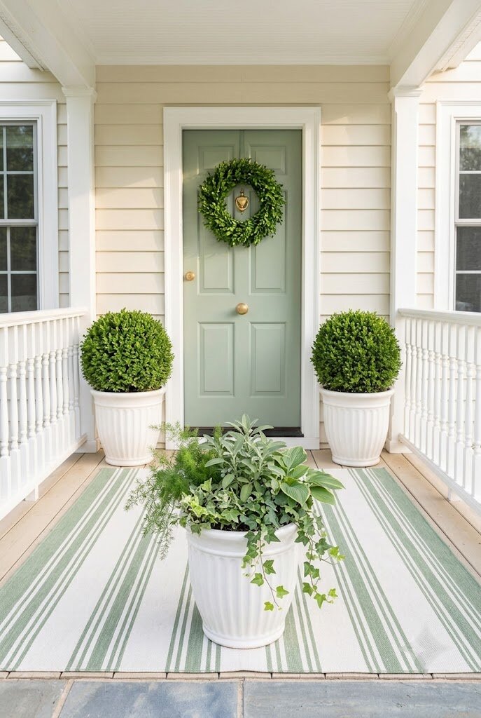 small front porch decorated in monochrome white and green color scheme with potted plants