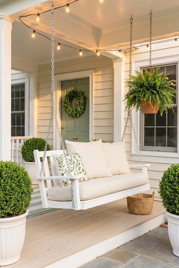 wooden porch swing with cushion hanging on small covered front porch