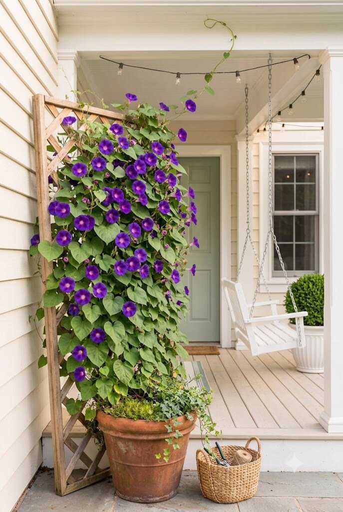 climbing vine growing on DIY wooden trellis on small cottage front porch
