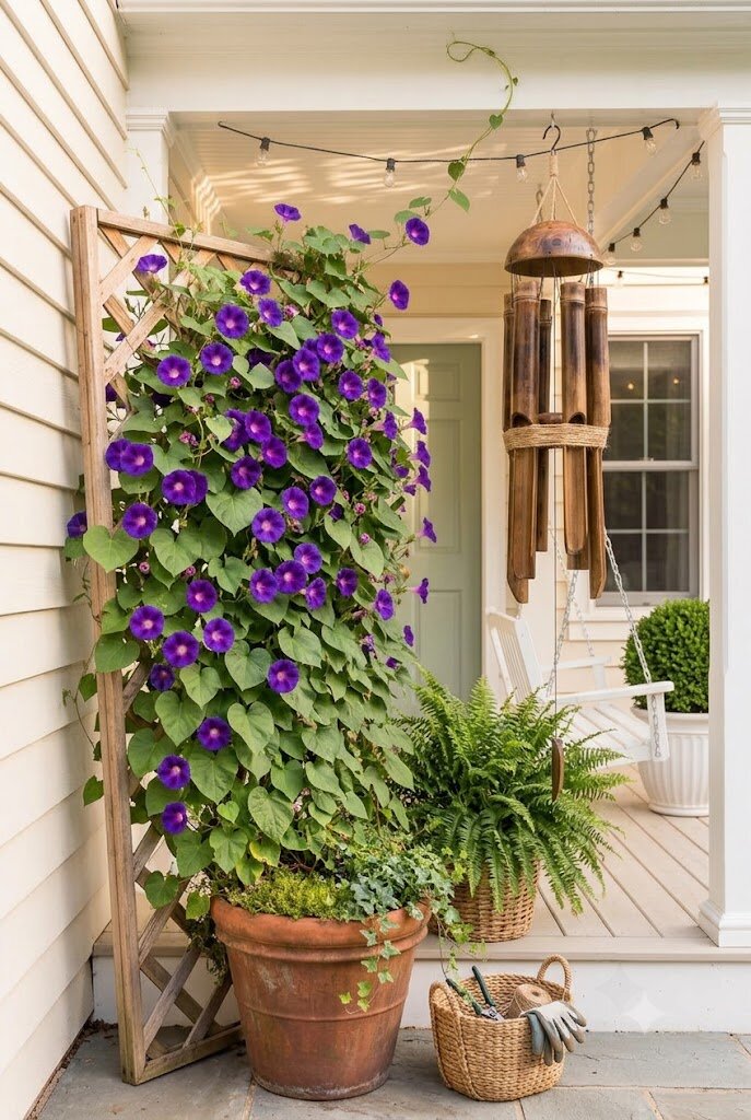 bamboo windchime hanging from front porch ceiling hook beside plants