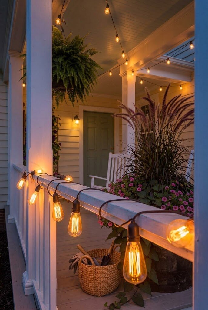 Edison bulb string lights draped along front porch railing at evening