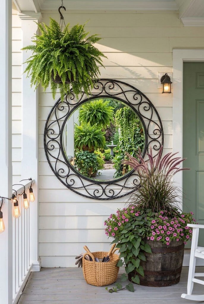 decorative outdoor mirror on small front porch wall reflecting potted plants and greenery