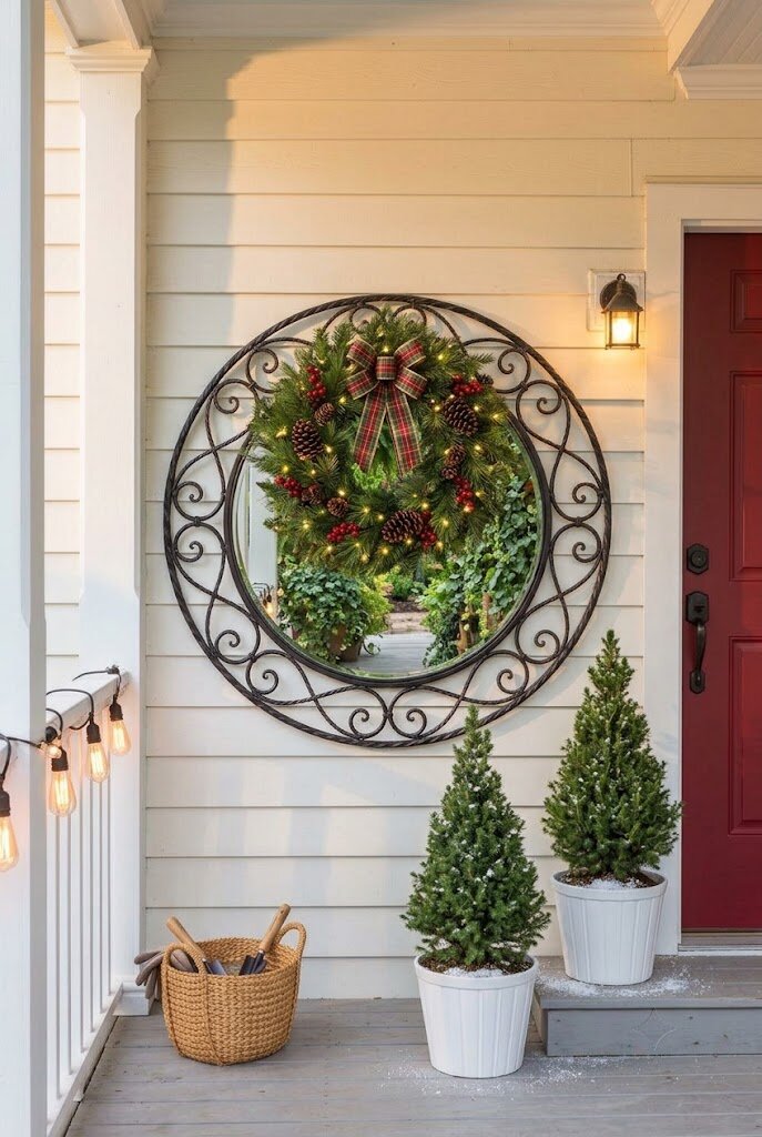 holiday Christmas wreath with pinecones and ribbon on front door budget decor