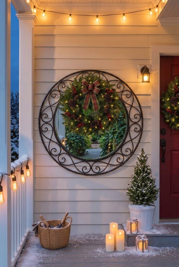 battery operated candles and lights on small front porch for holiday season