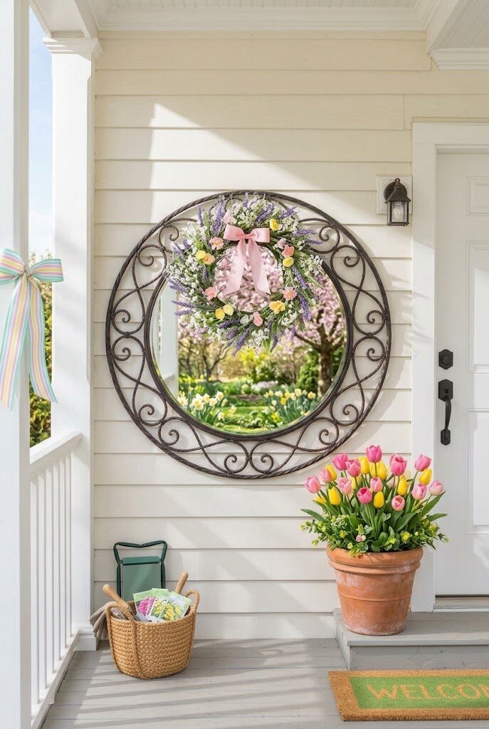 spring tulips and ribbon decorating small front porch for seasonal refresh