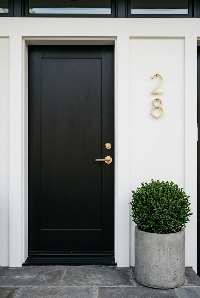 modern home front door matte black with brushed brass hardware and clean entry