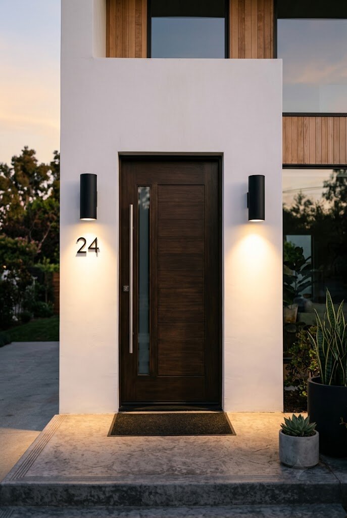 geometric matte black outdoor wall sconce flanking modern front door at night