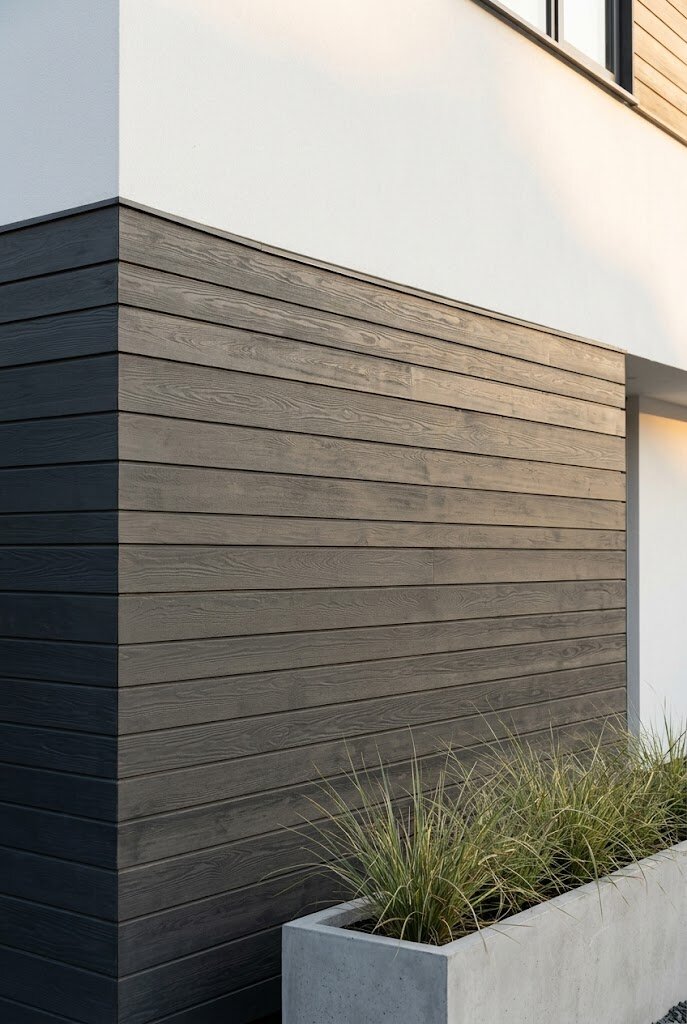 concrete planters with architectural grass on modern front porch entry