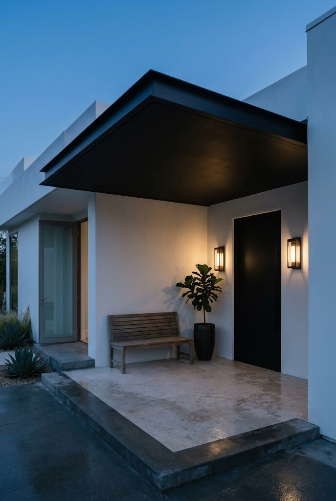 modern steel canopy pergola over front porch entry in matte black finish