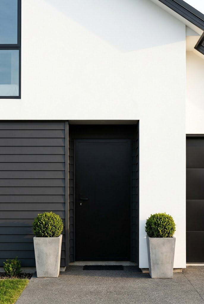 modern home exterior with monochromatic white and charcoal color scheme front entry
