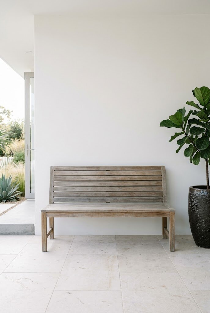 simple teak bench no arms against white wall modern minimalist porch