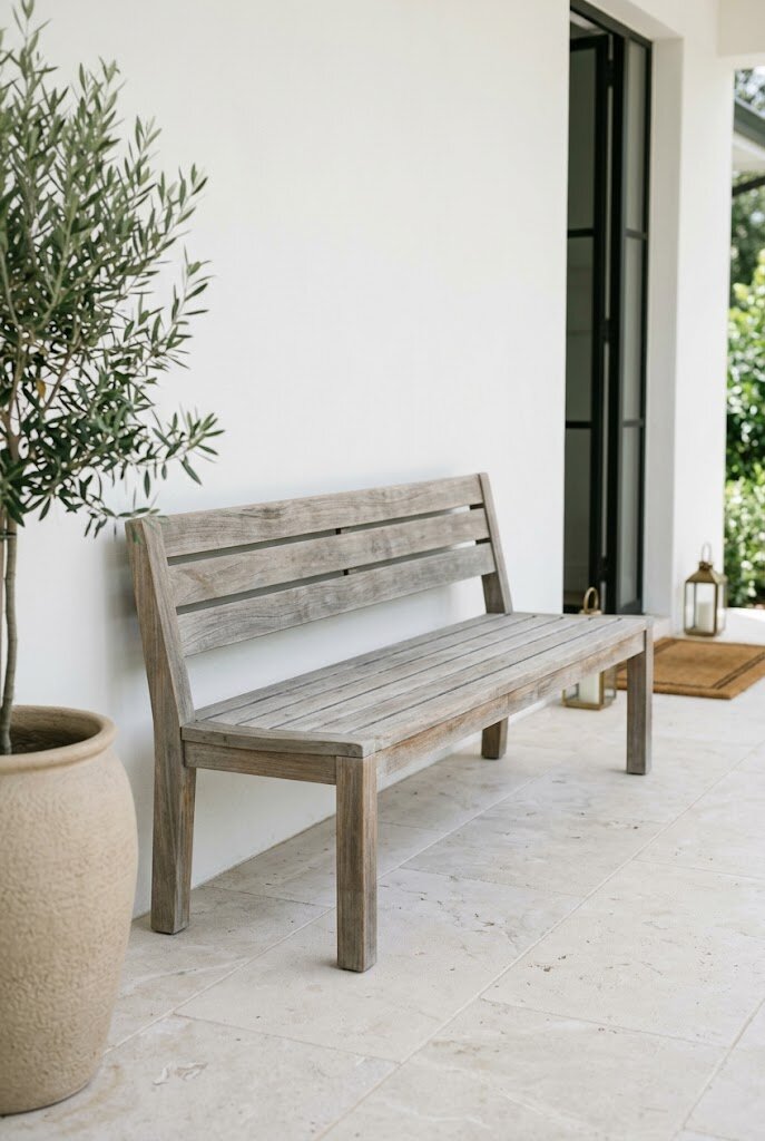 modern outdoor teak wood furniture on clean minimalist front porch