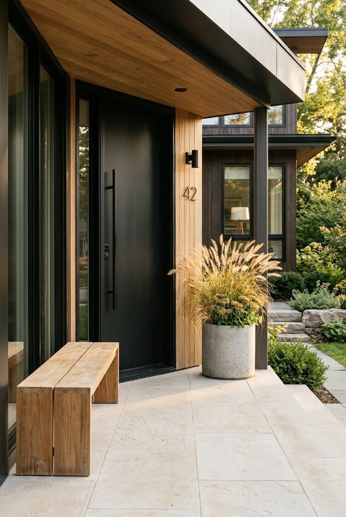 outdoor bench with natural wood grain texture on contemporary home porch