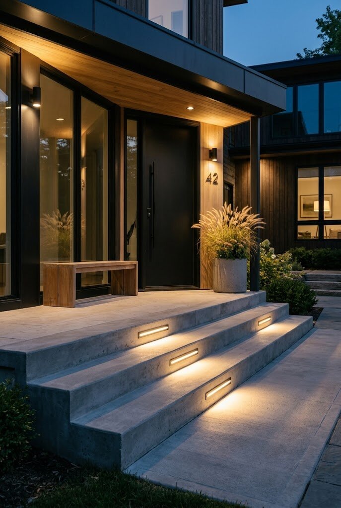 recessed LED step lights glowing on modern front porch staircase at night
