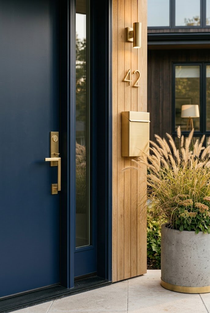 matching brushed brass door handle house numbers and hardware on modern front door