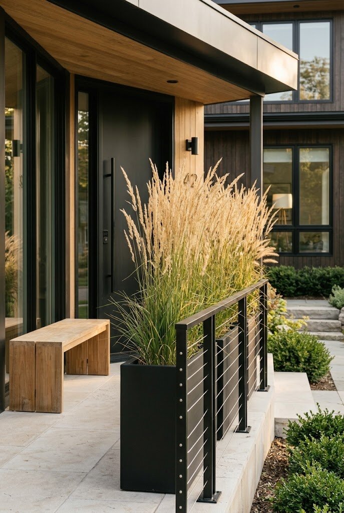 tall ornamental grasses in rectangular planters acting as privacy screen on modern porch