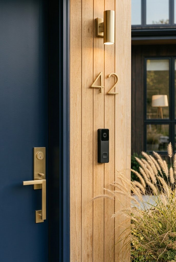 sleek matte black smart doorbell mounted beside modern front door