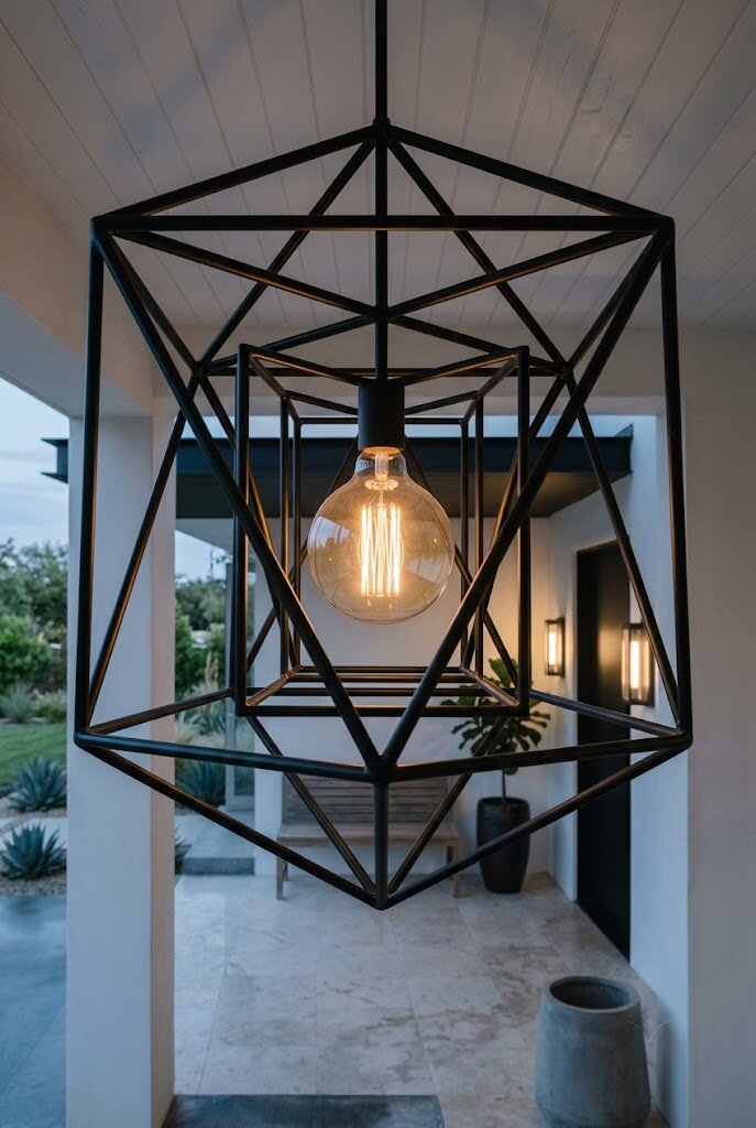 oversized matte black geometric cage pendant light hanging from modern front porch ceiling