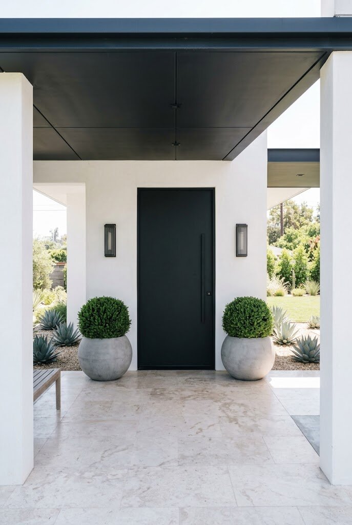 perfectly symmetrical matching concrete planters flanking modern front door entry