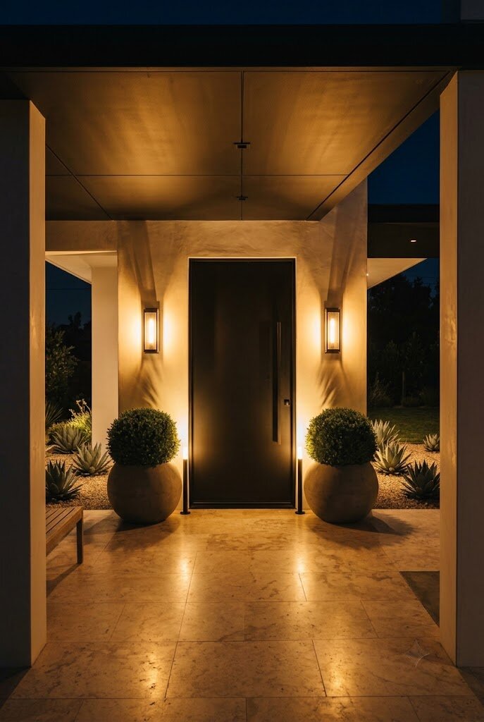 architectural uplight illuminating modern front door facade at night