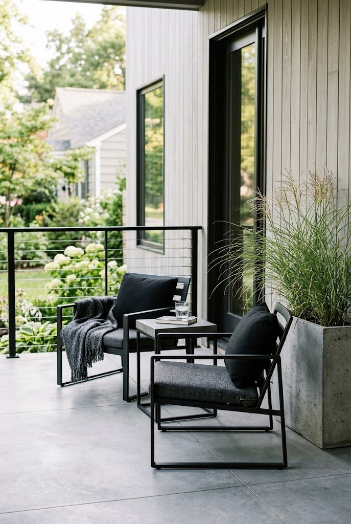 modern outdoor seating arrangement with geometric chairs and concrete side table