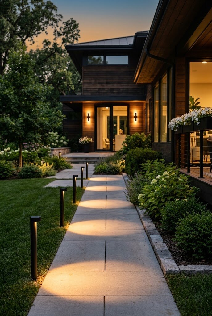 slim modern solar pathway lights leading to contemporary front porch at dusk