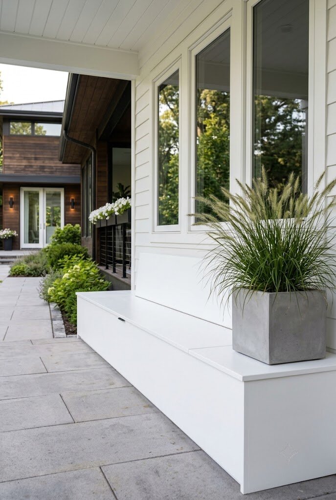 built-in wooden bench with storage lid against wall on modern front porch