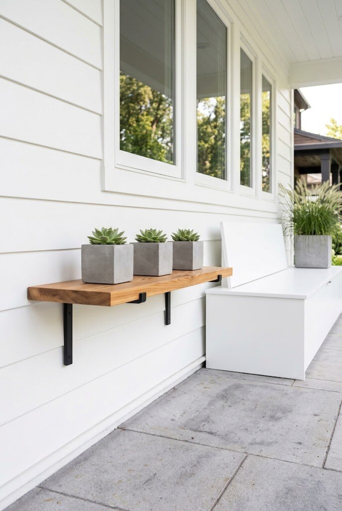 floating cedar wall shelf with three matching small plant pots on modern porch wall