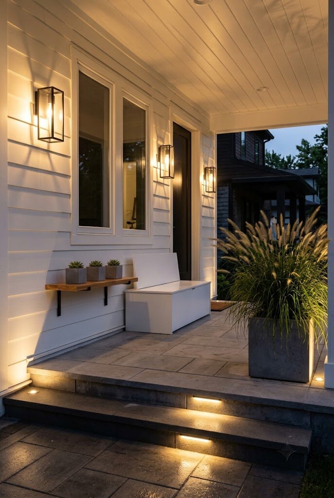 warm white LED lighting glowing on modern front porch facade at dusk evening