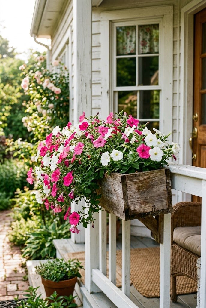 pink and white petunias overflowing from a front porch window box
