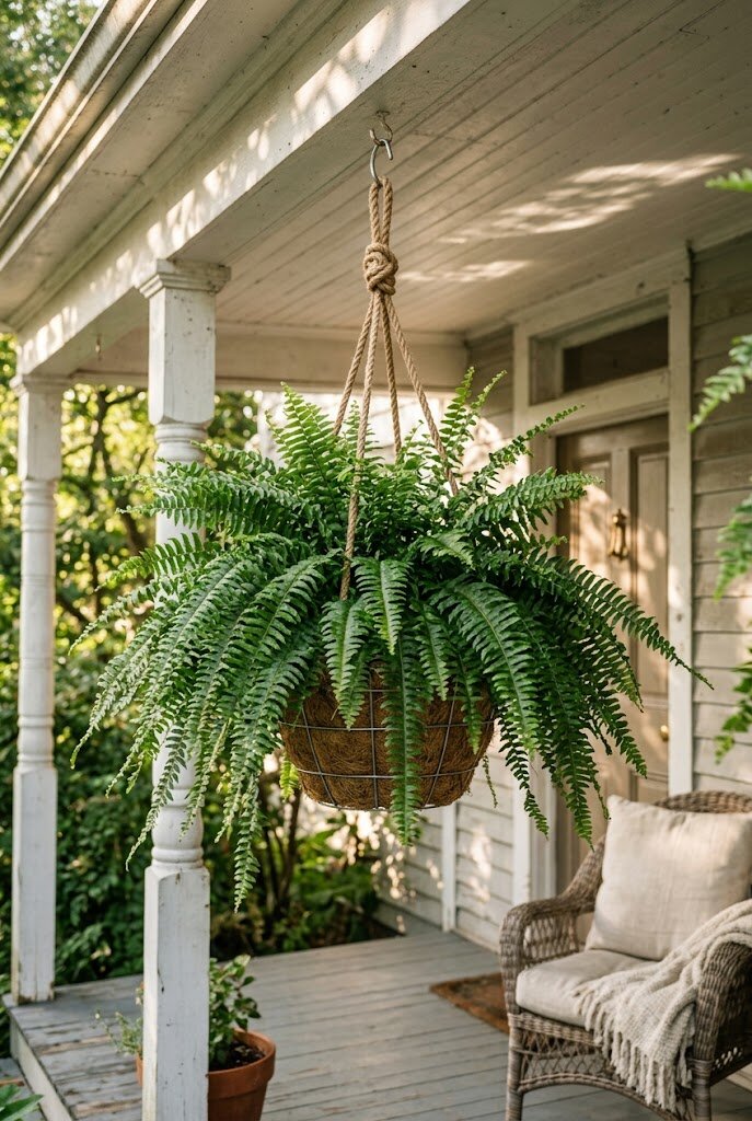 Boston fern hanging basket on a shaded front porch