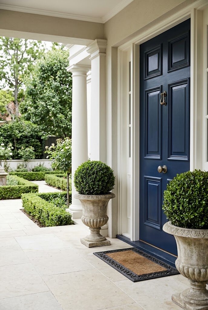 boxwood topiary in a classic urn beside a front door