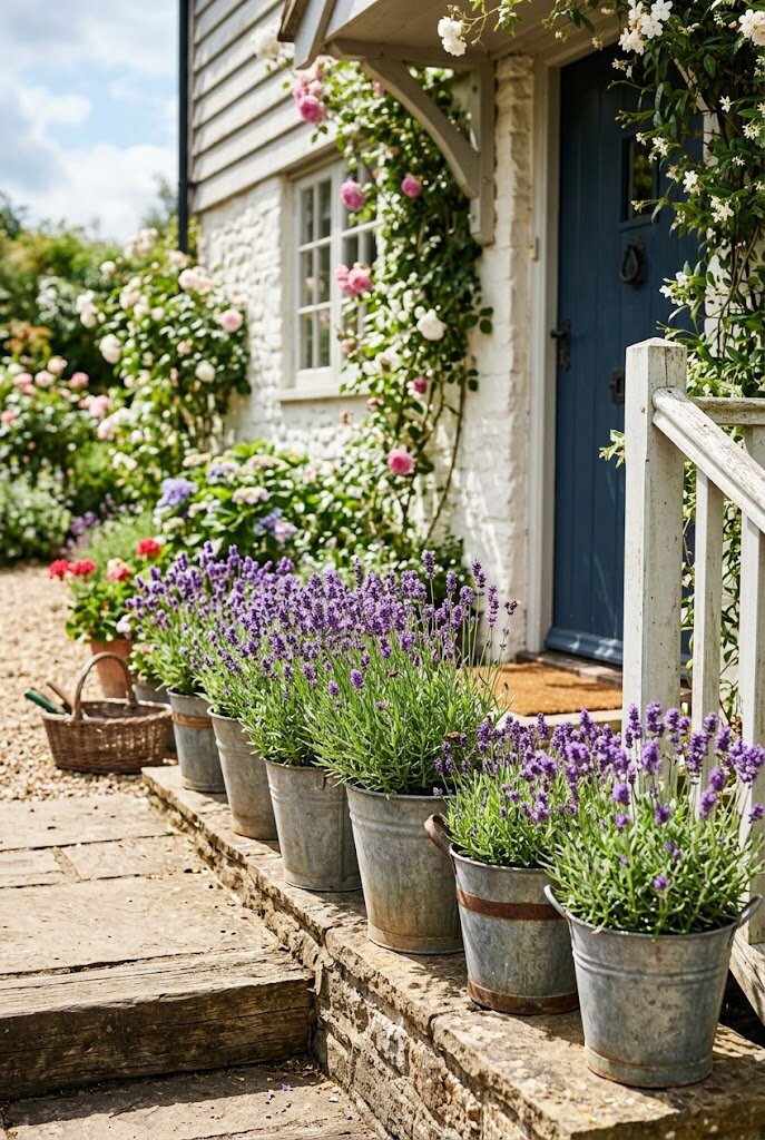 lavender plants growing in galvanized metal pots on a sunny front porch