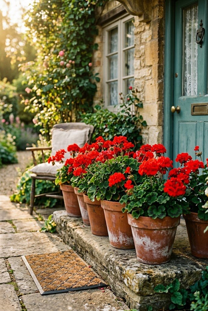 red geraniums planted in terracotta pots on a front porch step