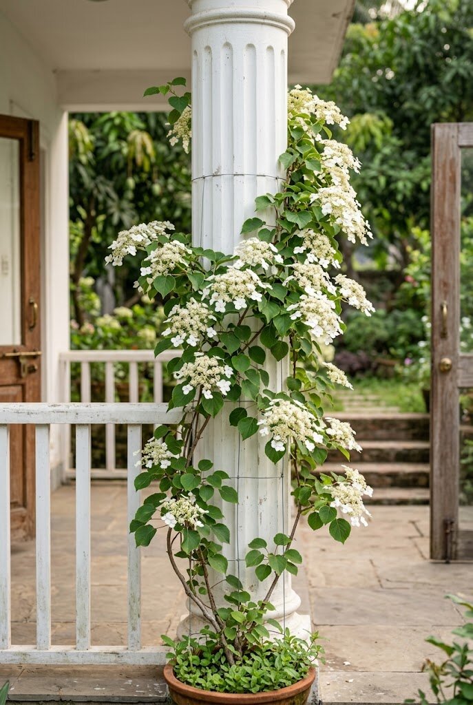 climbing hydrangea vine trained up a front porch column