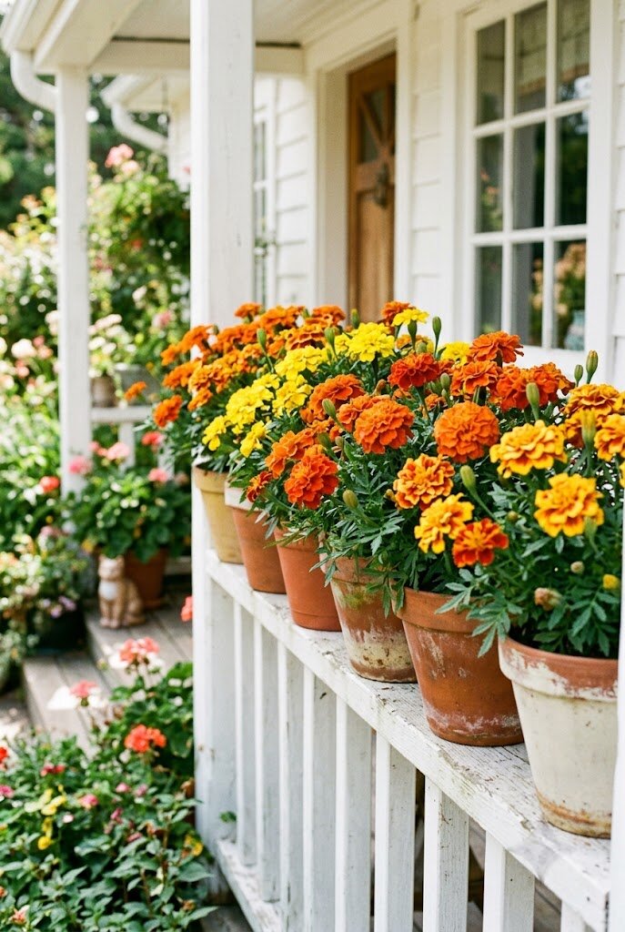 bright orange and yellow marigolds in pots on a front porch