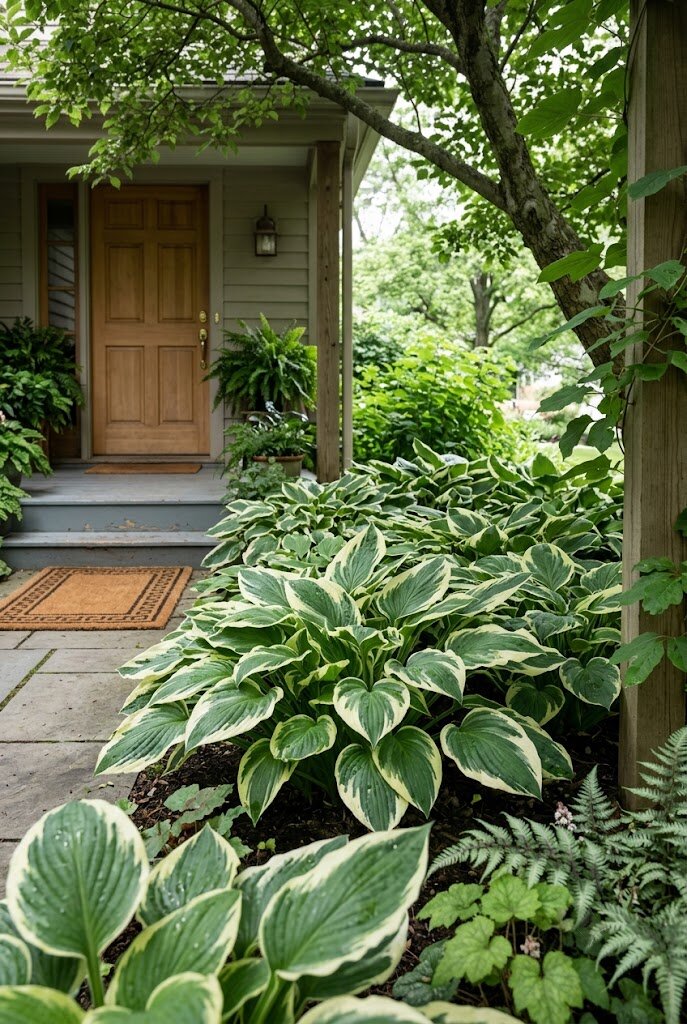 lush variegated hostas planted beside a shaded front porch entrance
