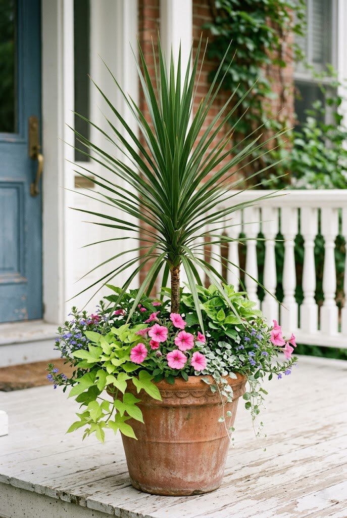 thriller spike plant centerpiece in a mixed front porch container