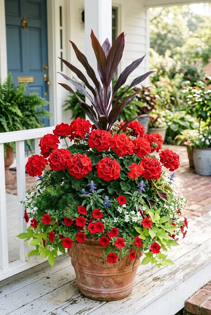 geranium filler flowers in a mixed front porch planter arrangement