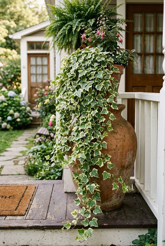 trailing ivy spiller plant cascading over a front porch pot edge