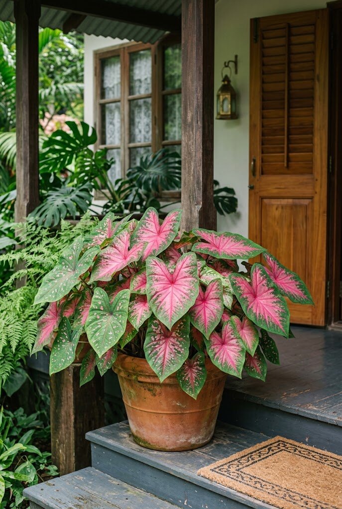colorful pink and green caladium leaves in a shaded front porch pot