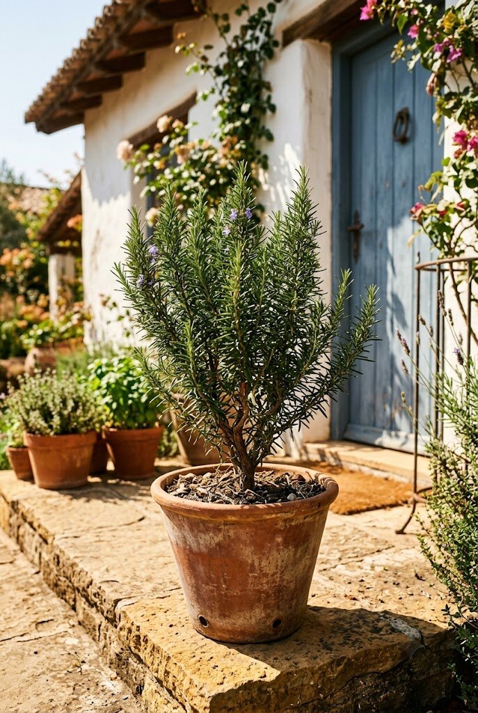 rosemary plant growing in a terracotta pot on a sunny front porch