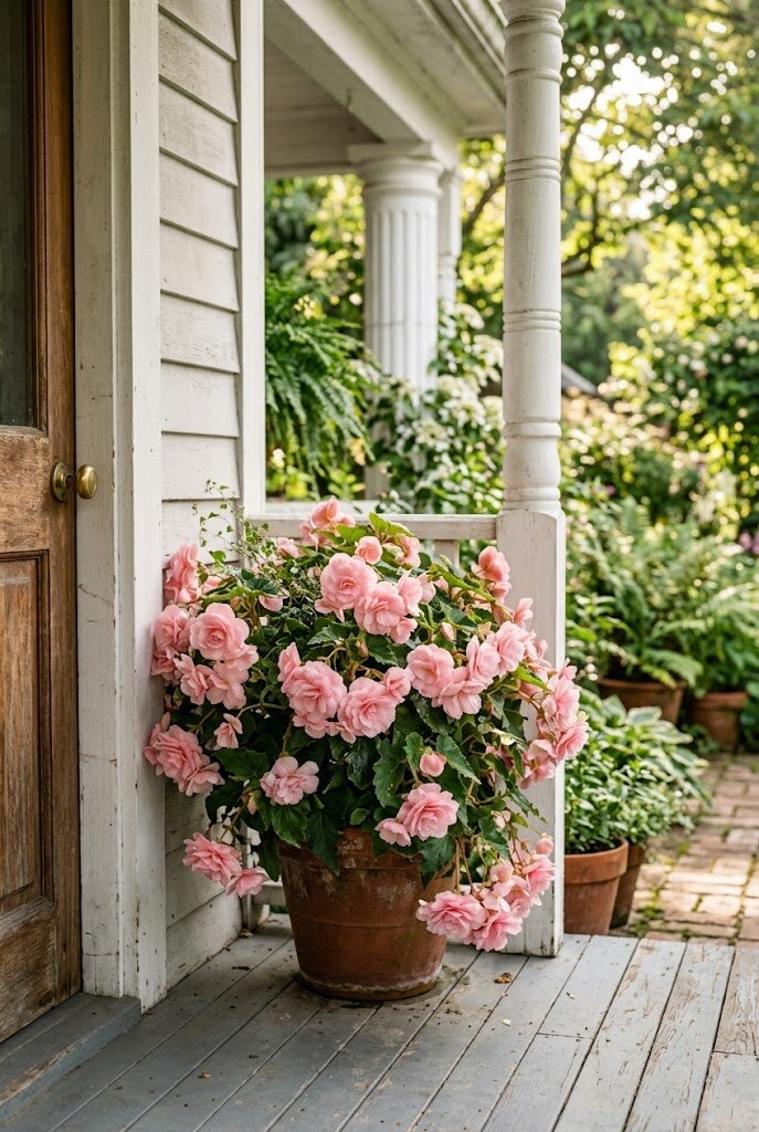 pink begonias blooming in a partially shaded front porch planter