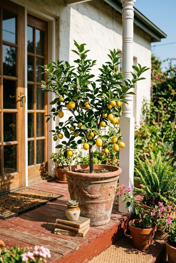 dwarf lemon tree in a large statement planter on a front porch