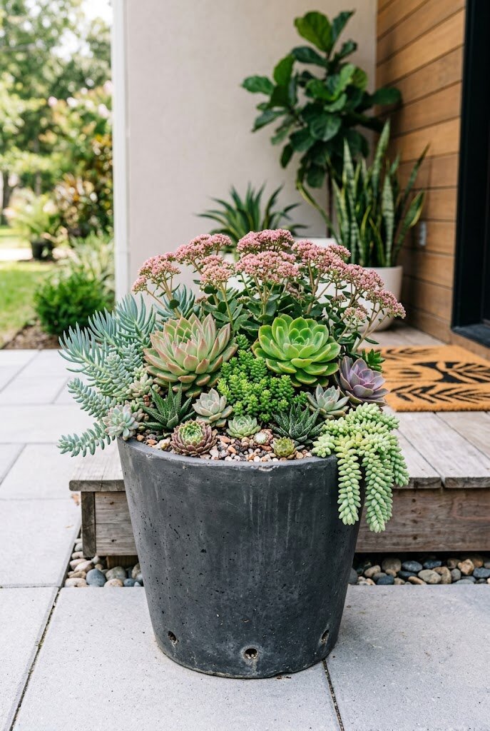 mixed sedum and succulent arrangement in a front porch container