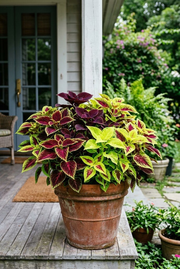vibrant burgundy and green coleus foliage in a front porch pot