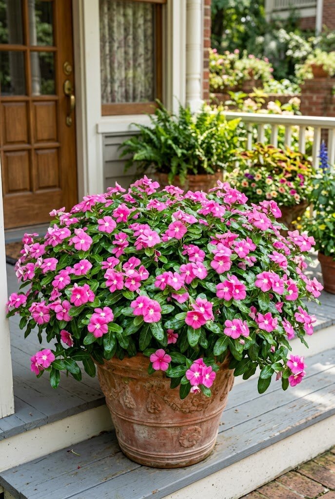 pink annual vinca flowers blooming in a sunny front porch planter